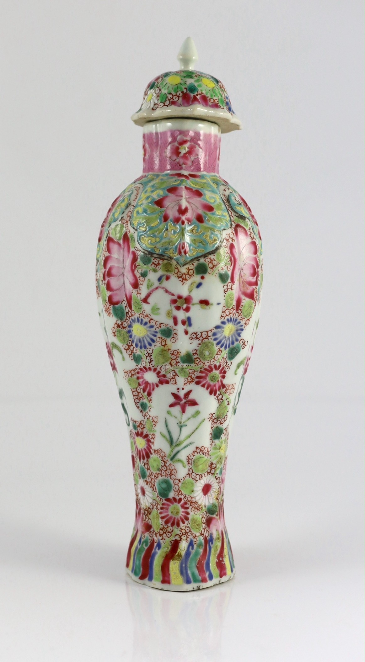 A Chinese famille rose moulded baluster vase, Qianlong period, 30.5cm high, restoration to neck and cover